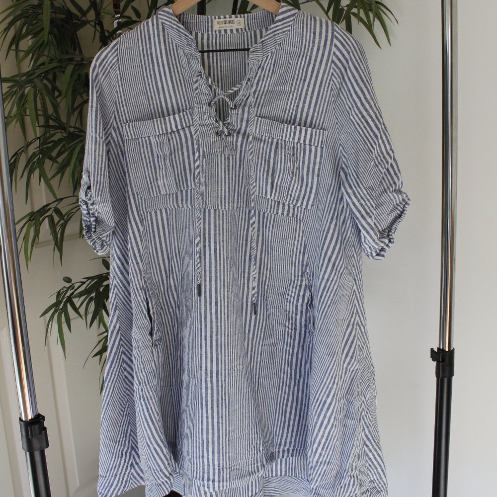 4our Dreamers Beachy Lace Up Neck Stripe Dress Med